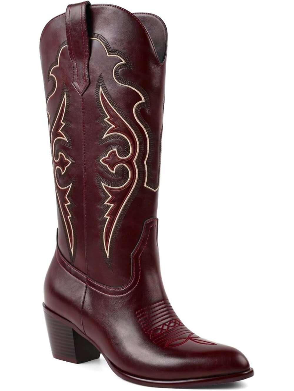 Women's Red Embroidered Western Cowgirl Boots with Chunky Heel Comfort Boot
